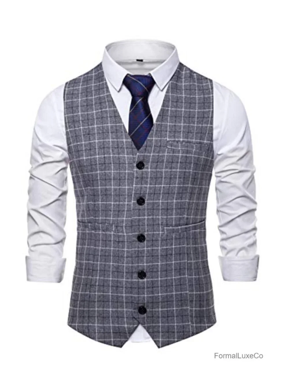 Men's Regular Fit 5 Button Suit Vest Checkered Sleeveless Waistcoat